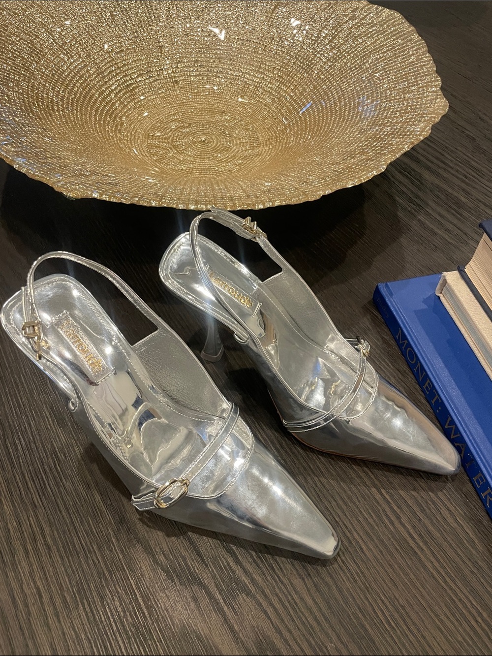 Larroude Metallic Silver Pointed Slingback Heels